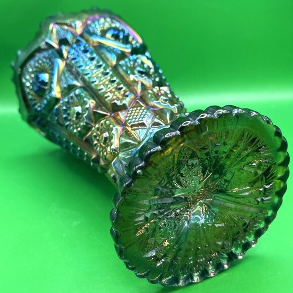 Vintage 1950s Imperial Carnival Glass Daisy Button Green Flared Vase Crimped Rim - Picture 4 of 16